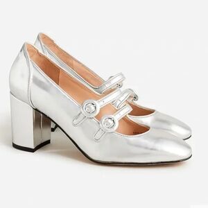 J. Crew Maisie Double Strap Mary Jane Heels Shoes Silver Mirror Size 9